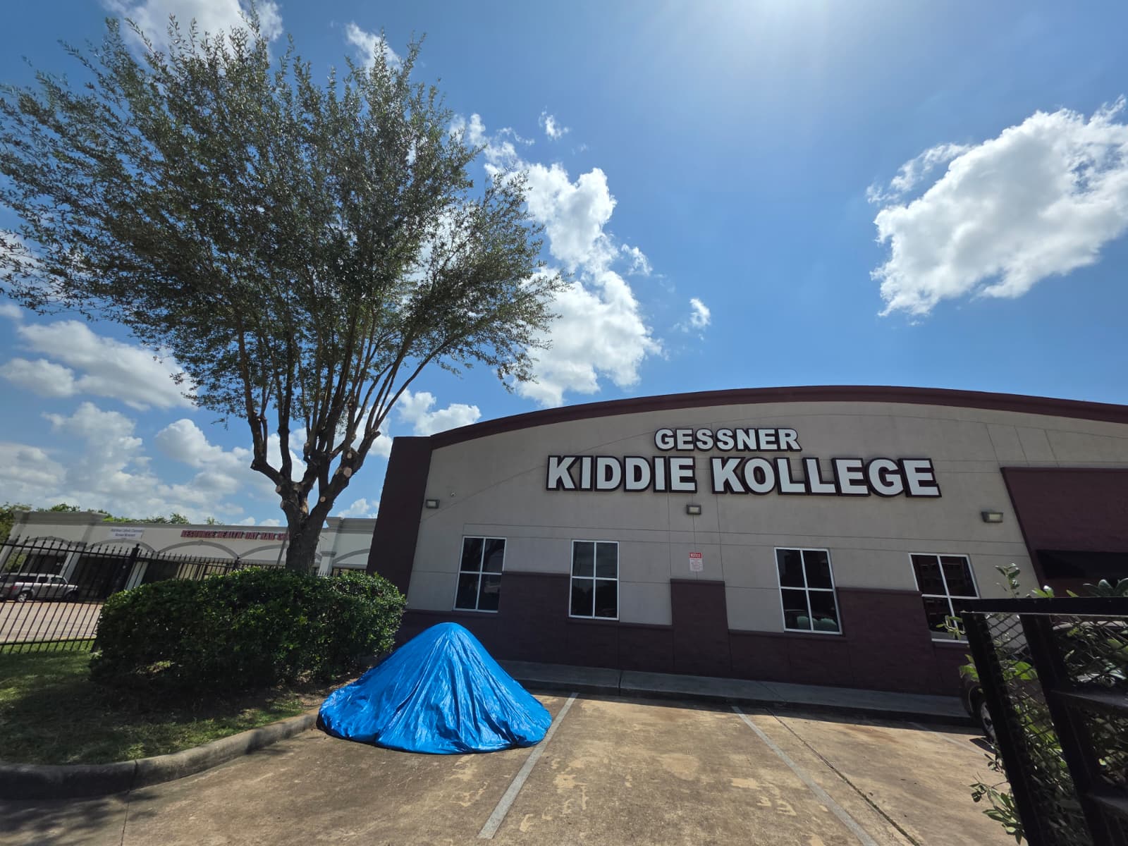 Tree trimming, shrub pruning, and landscape cleanup at a Houston daycare facility