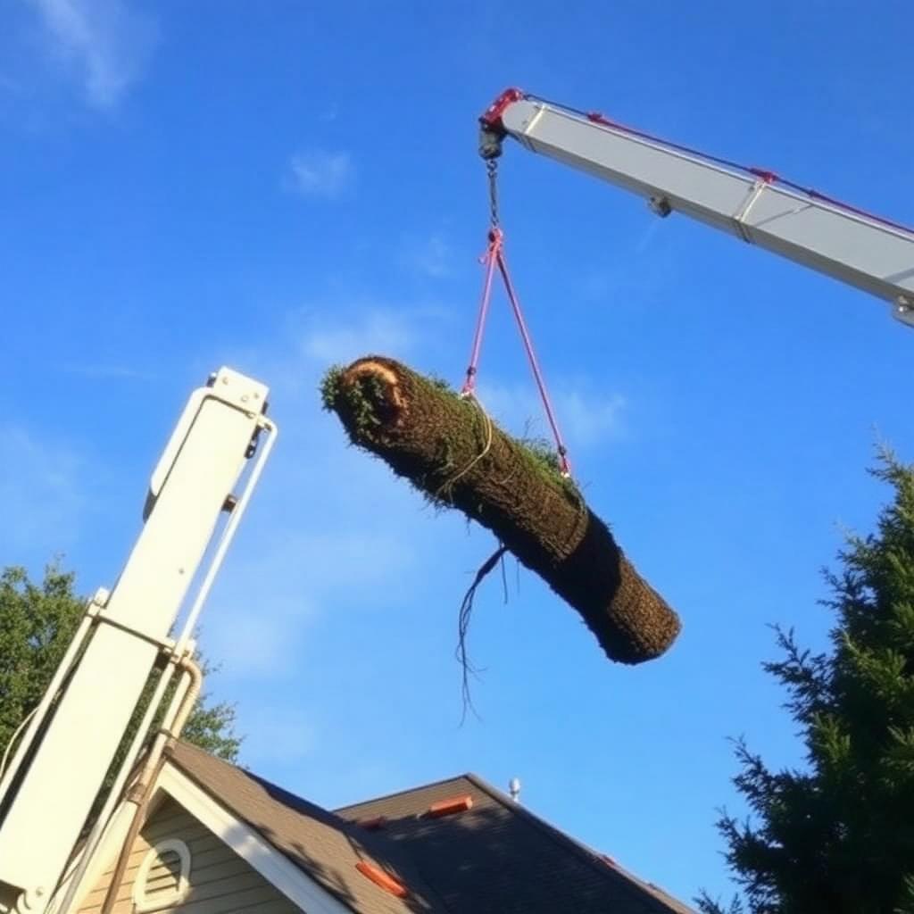 Crane removing a large oak above a Houston home