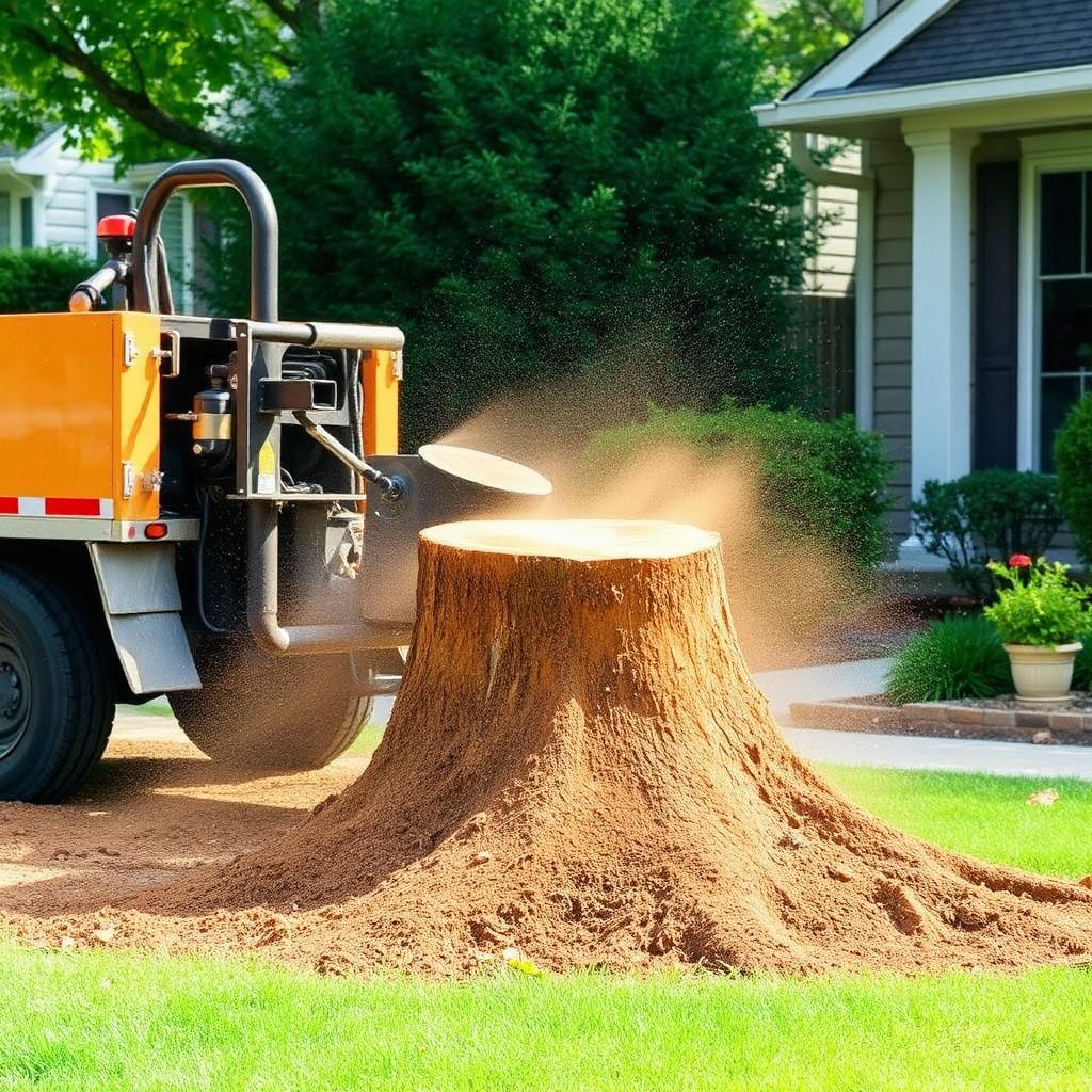 Stump grinding in a Houston front yard
