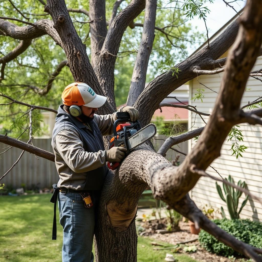 Arborist trimming a mature oak in a Houston backyard